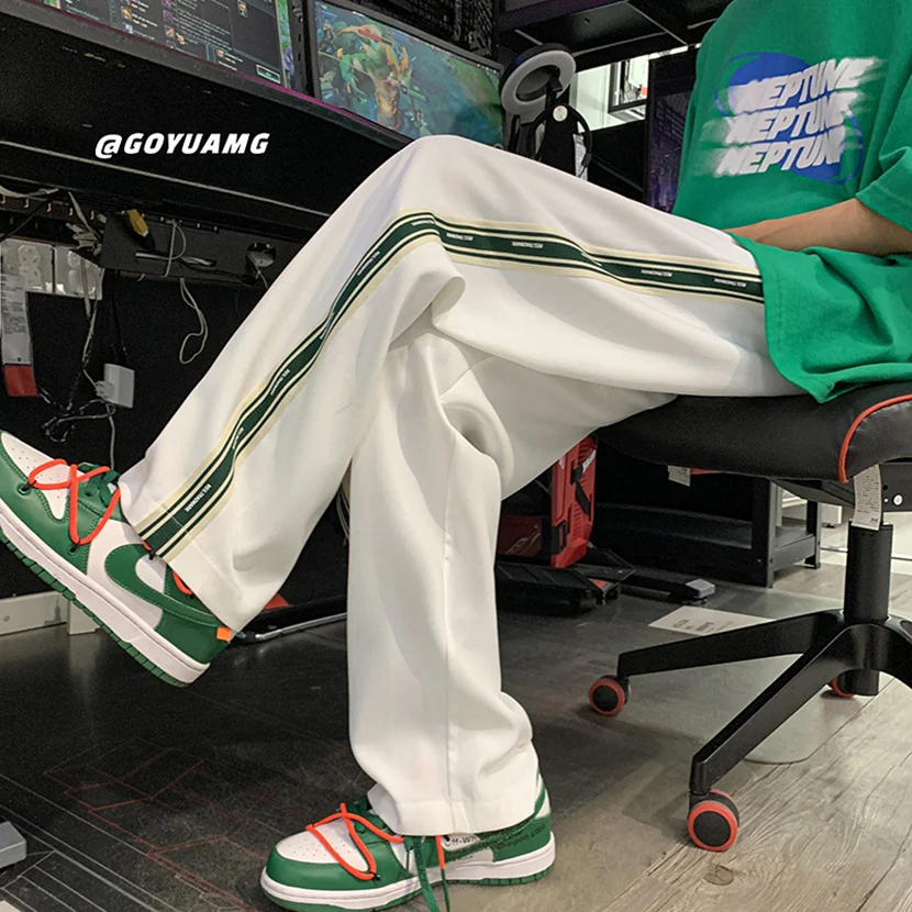 

Men's Loose Straight Leg Stripe Sports Pants High Street American Casual Long Trousers Spring Autumn Faion Retro