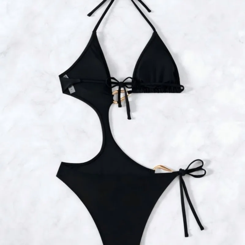 sexy metal ring swimsuits bikini one piece irregular plain white black bodysuits tie Swimwear Biquini conjunto de bikini tankini