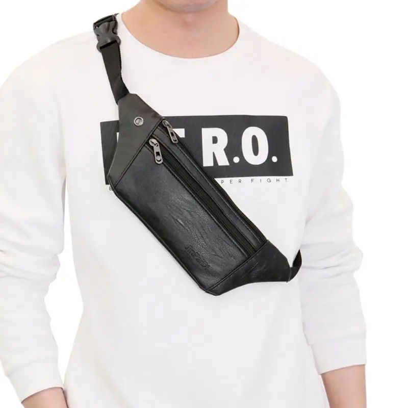 E74B Men PU Leather Belt Bum Waist Pouch Fanny Pack Crossbody Shoulder Sport Zip Bag