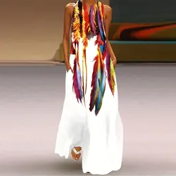Women'S Dress Fashion Feather Digital Print Sleeveless One-Piece Dress Summer Casual V-Neck Pocket Dress Women Plus Size Dress