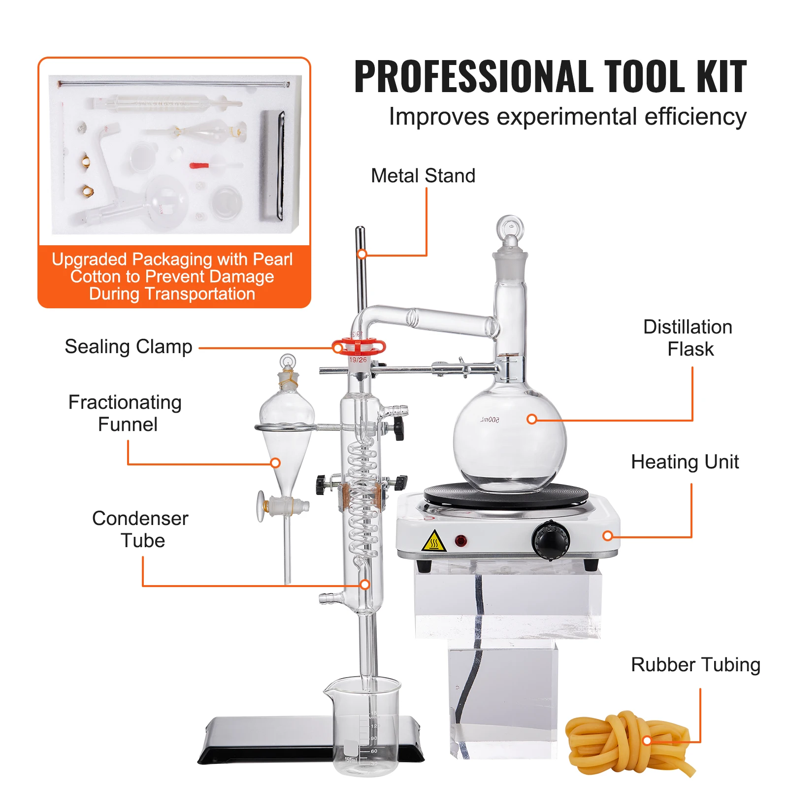 VEVOR Essential Oil Distillation Kit 500ml/2L Distillation Apparatus 3.3 Boro Lab Glassware Distillation Kit with 1KW Heat Plate