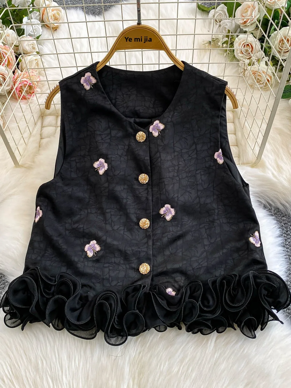 

Ретро Ele круглый жилет Ne, женский утягивающий роскошный металлический синий вышитый 3D кружевной подол, топ для поездок на работу, стандартный крой