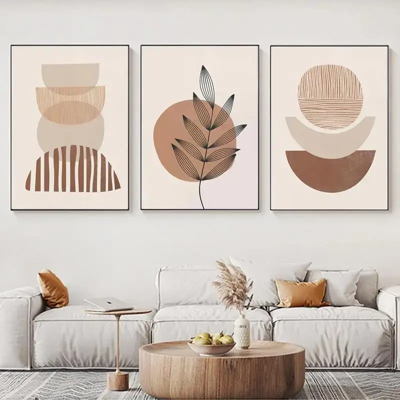 3pcs Abstract Boho Minimalist Artwork Canvas Painting Mid-Century Wall Art Moon Geometric Neutral  Modern Prints Room Wall Decor