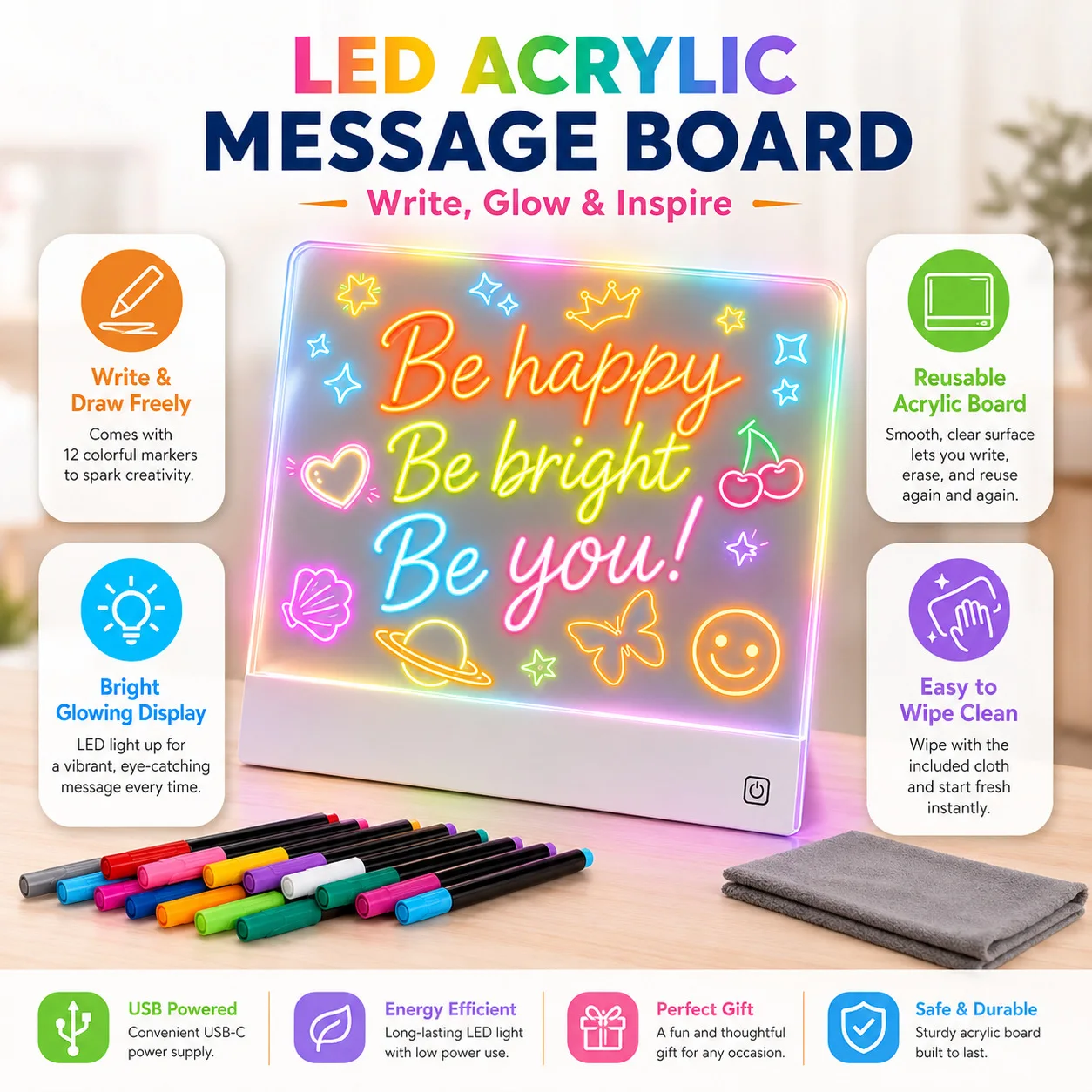 Touch-to-charge LED notepad, light-up drawing board, message board, drawing book, writing board with stand, colorful DIY view 6