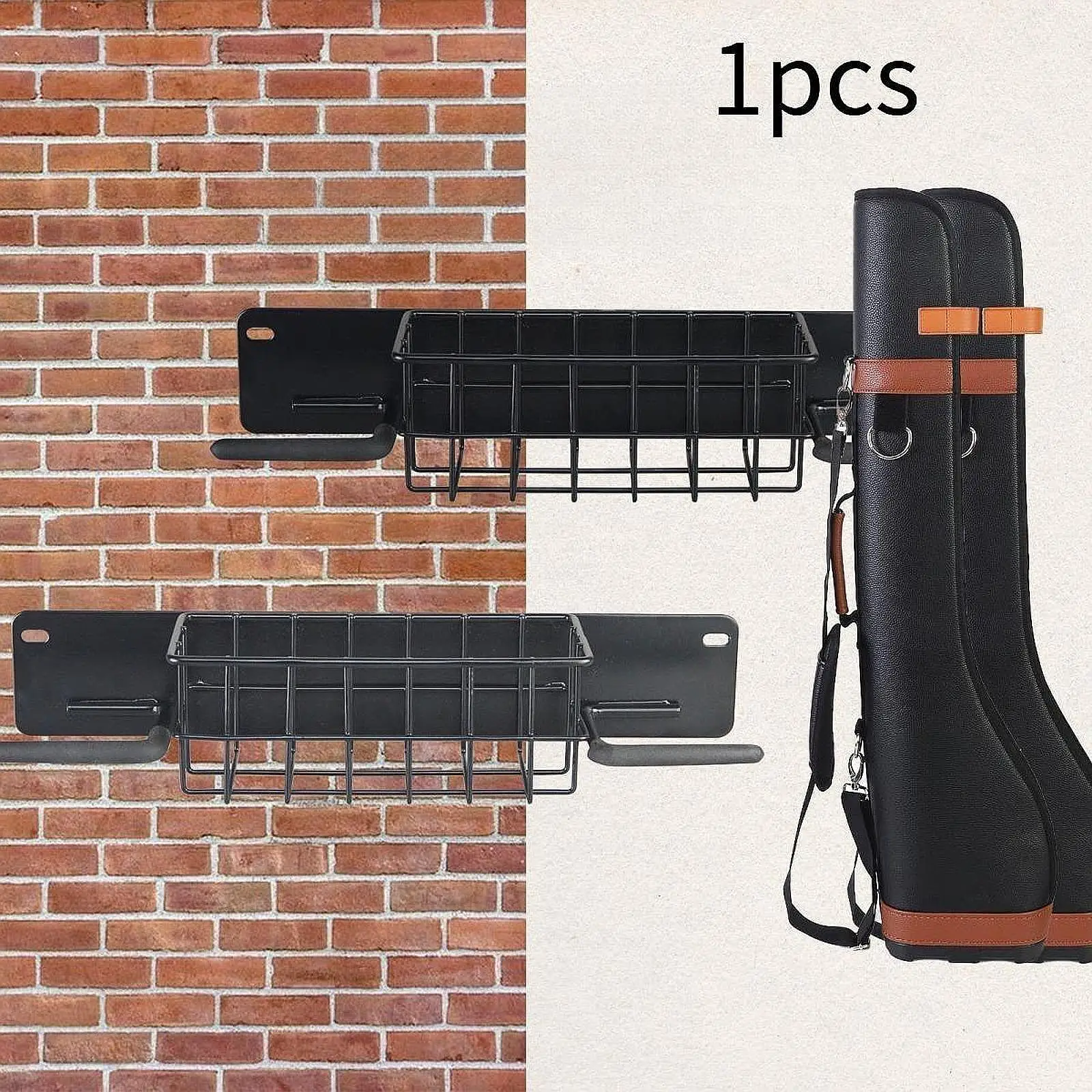 Wall Mounted Golf Equipment Holder with Double Bag Hooks and Storage Basket for Garage Basement Club