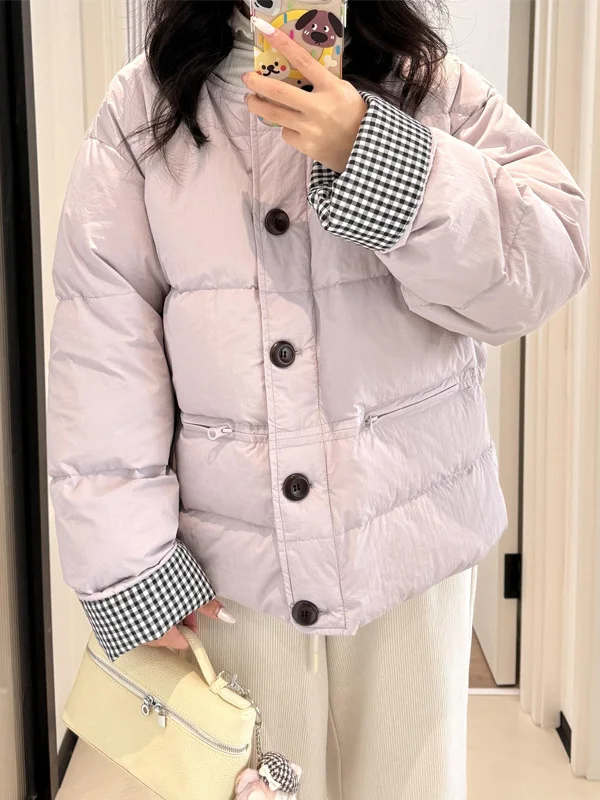 

Модная фиолетовая теплая хлопковая куртка с круглым вырезом, женская, новый стиль, корейская версия, на одной пуговице, утепленное пальто