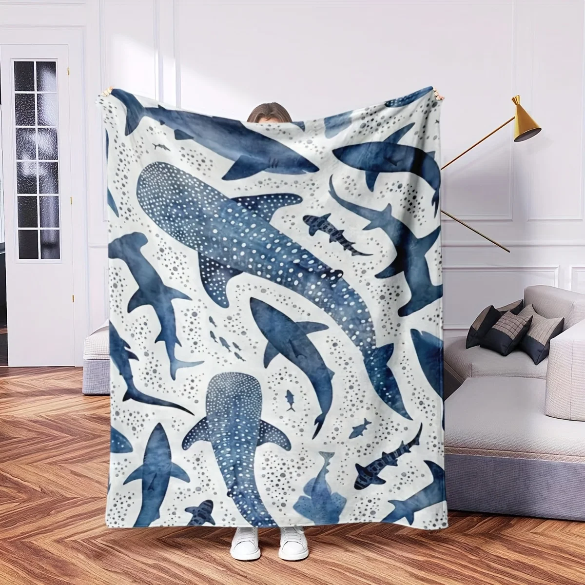 Minimal White Base Watercolor Ocean Shark Whale Shark Speckled Art Print Flannel Blanket Cozy Throw for Couch Travel Indoor Home