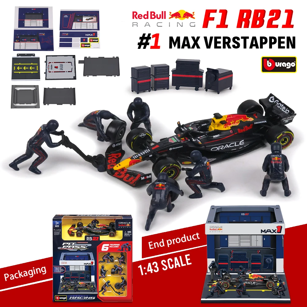 

Bburago 1:43 2025 Red Bull RB21 #1 Max Verstappen #22 Yuki Tsunoda DIY Pit House alloy luxury car die cast car model toy series