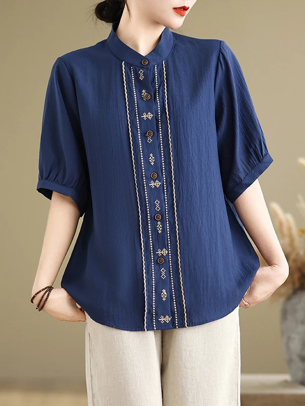 Ele Embroidered Loose irt Design Sensation Summer New Women's Faion Five Sve Tops Quali Fabric Flip Collar irt
