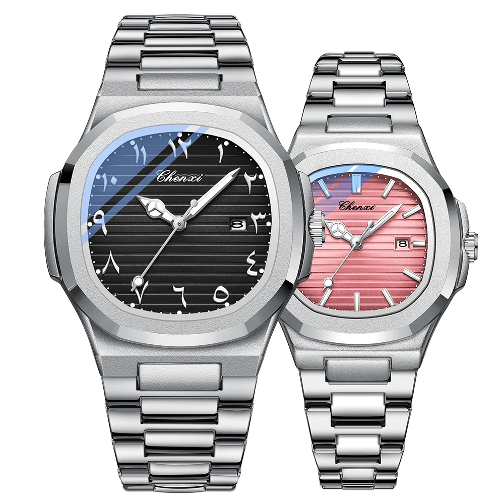 CHENXI Fashion Silver Stainless Steel Band Quartz Couple Watch Casual Simple Luminous Calendar Waterproof Men Women Watches