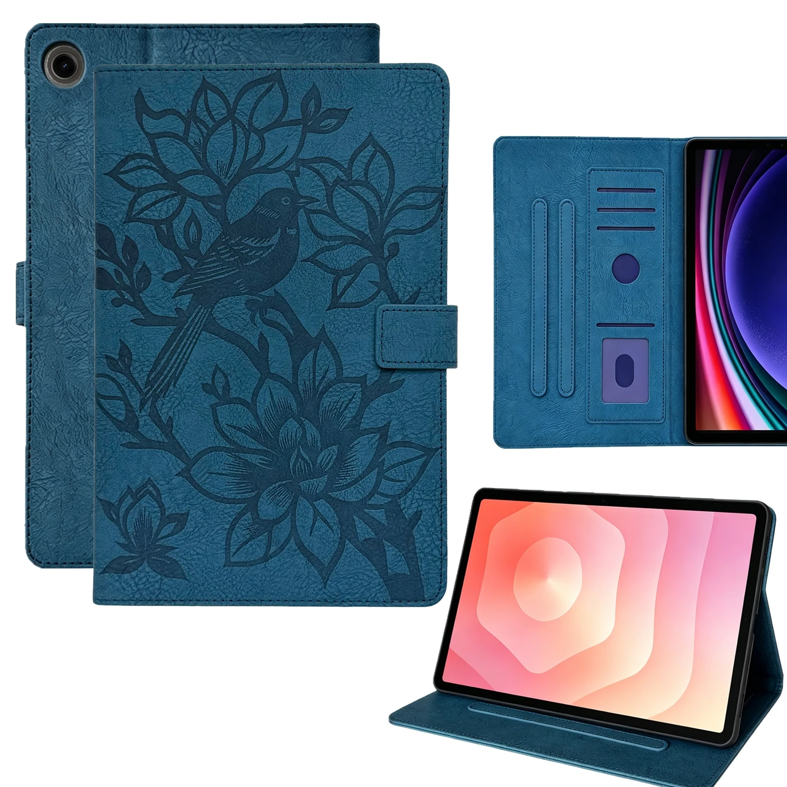 

Tablet Case for Samsung Galaxy Tab A11 / A9 Embossed Magpie Pattern TPU PU Protective Cover with Card Slots - Blue