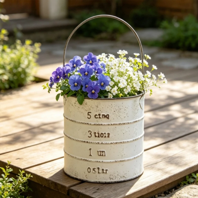 Metal Bucket Holder with Raised Detail and Carry Handle for Home Display J0MC
