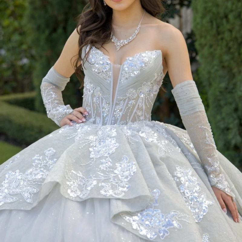 연회색 반짝이는 볼 가운 퀸시네라 드레스 오프숄더 아플리케 레이스 비즈 튤 파티 생일 스위트 16 드레스 베스티도스