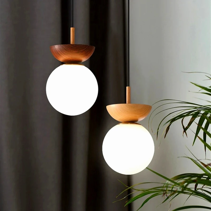 

Nordic Milky Ball Glass Ceiling Chandelier Bedside Dining Table Aisle Balcone Interior Creative Design Walnut Wood Pendant Lamp