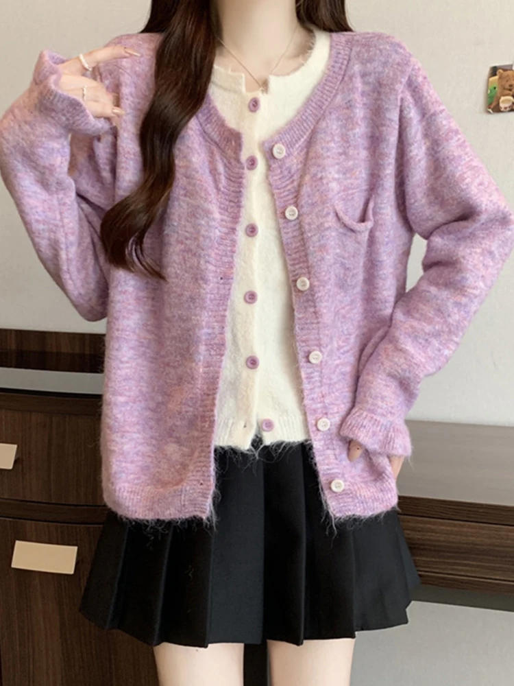 

Корейский вязаный кардиган-свитер для женщин, весна-осень-зима, новинка, антивозрастной топ, имитация двухслойного платья