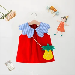 Summer Baby Girl Dress+Bag 2 Pcs Baby Girl Plaid Big Collar Solid Color Dress Cute Loose Cotton Comfortable Sleeveless Dress