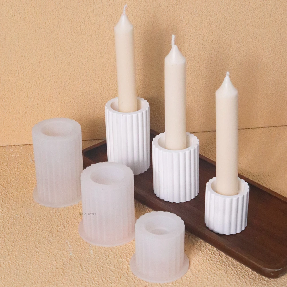 Cylindrical Striped Candle Holder Silicone Mold DIY Round Candlestick Crafts Making Plaster Concrete Resin Molds Home Decoration