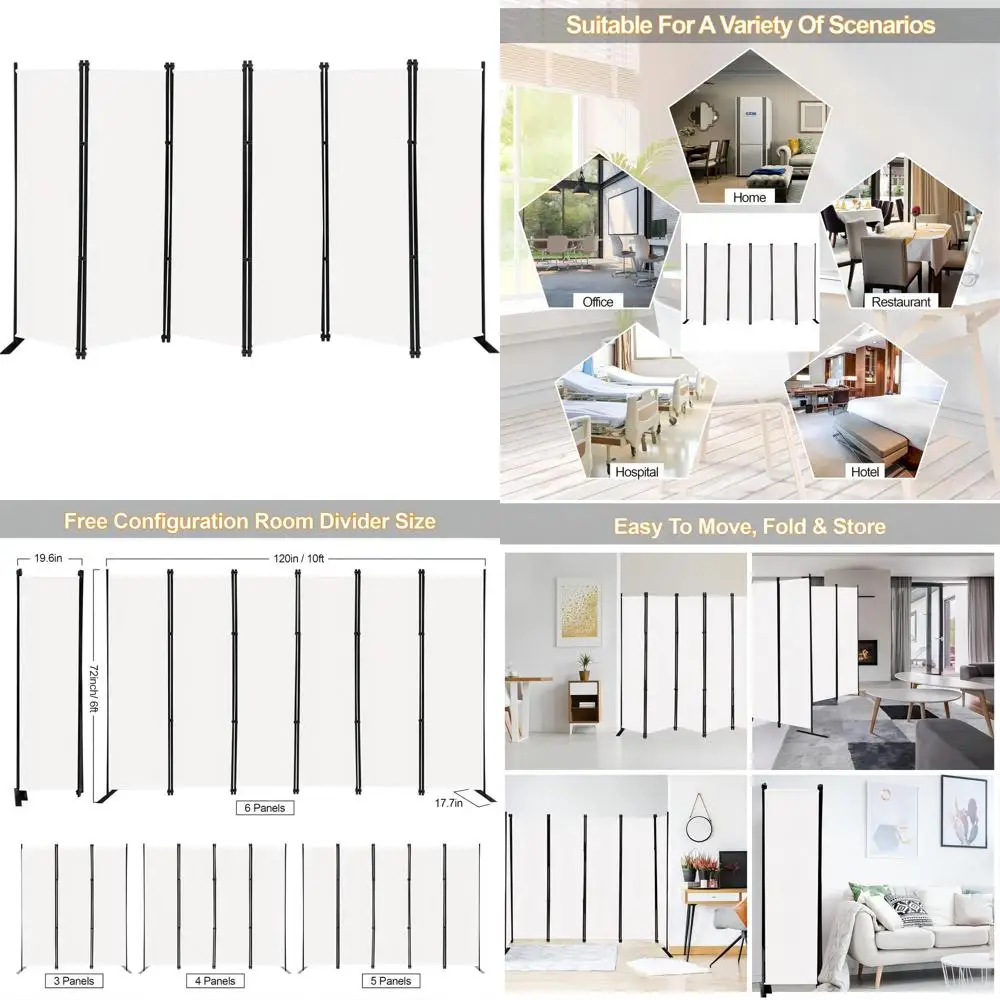 

6-Panel Privacy Screen, 9ft Wide x 6ft Tall, Portable Room Divider, White