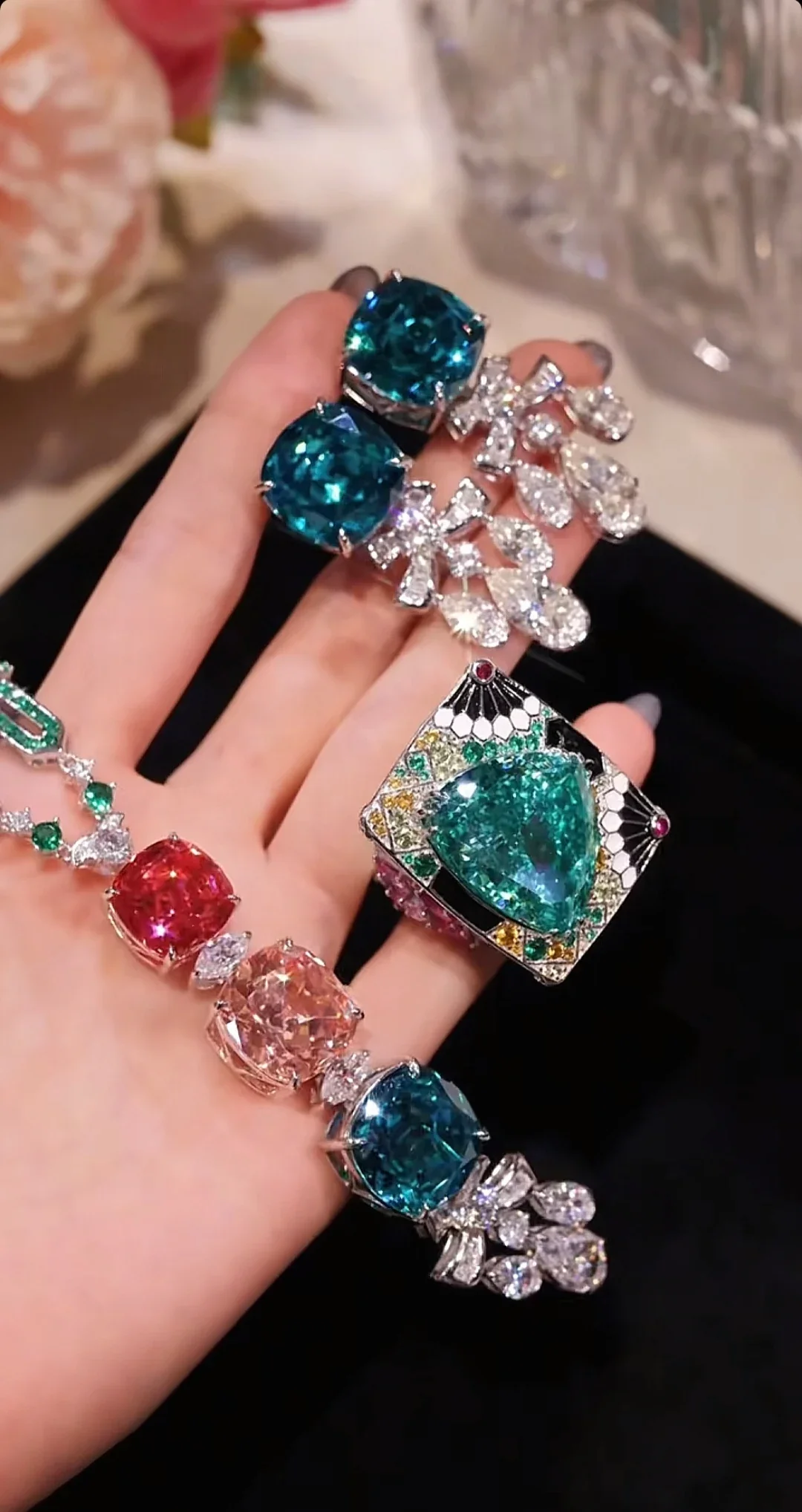 Bellux Fine Jewelry Set Luxury 925 Silver Gold Plated Synthetic Zircon Multicolored Monet Garden Series Necklace Earrings Rings