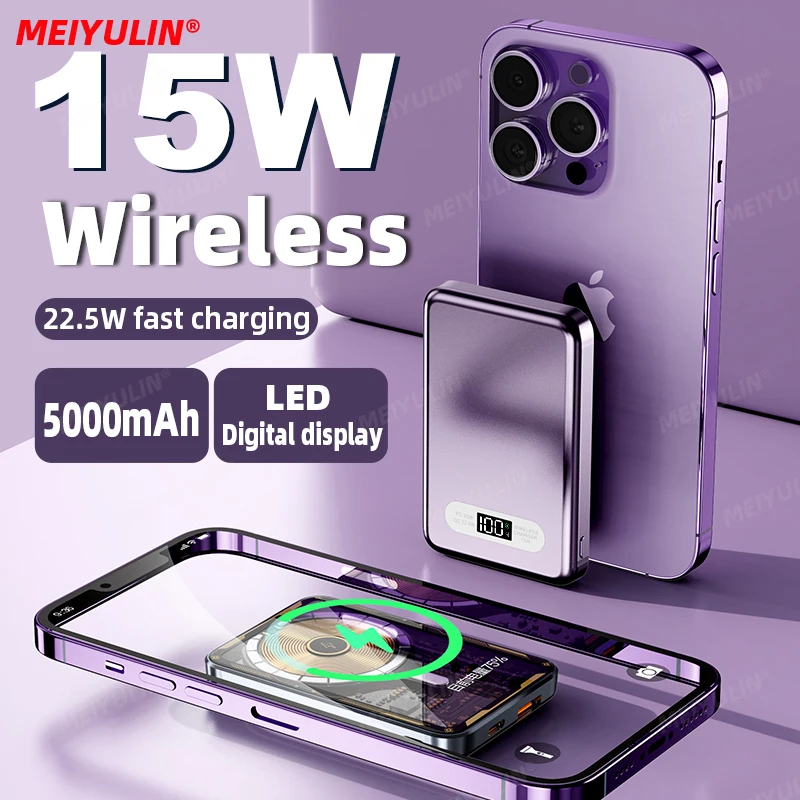 5000mAh Transparent Magnetic Wireless Power Bank 10000mah Portable External Battery USB C PD20W Fast Charge for iPhone 15 Xiaomi