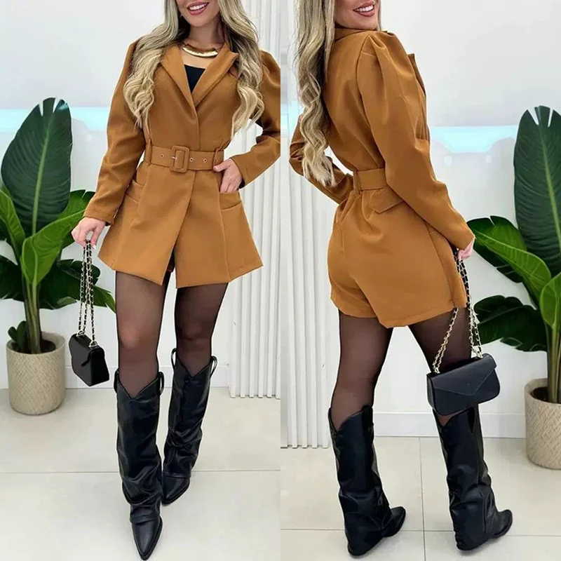 Women's Belted Short Jumpsuit Spring Autumn Nnew Long Sleeve Suit Jacket Fashion Casual Playsuits