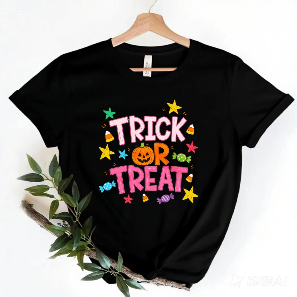 Trick Treat Candy Pumpkin Unisex Tee Fashion Cotton Short‑sleeve Tops Colorful Halloween Candy Slogan Streetwear Tshirt