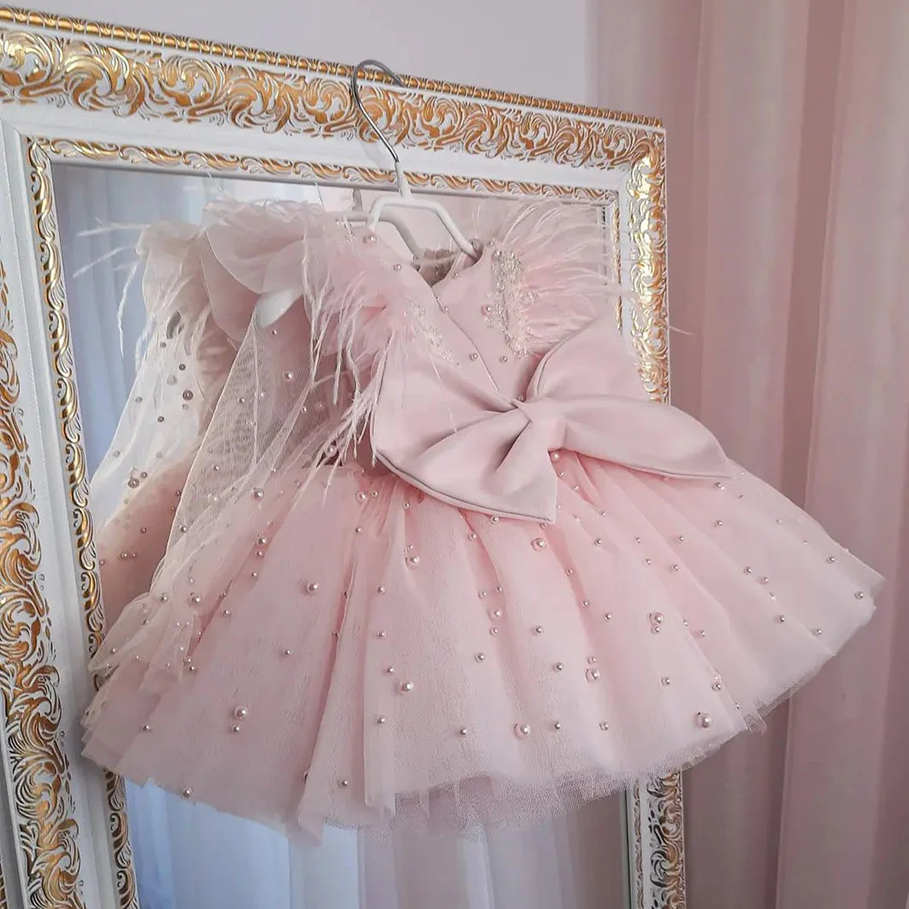 

Pink Little Princess Dress with Long Sleeve Baby Birthday Dress Puffy Tulle Pearls Flower Girl Dress Child Dress with Bow