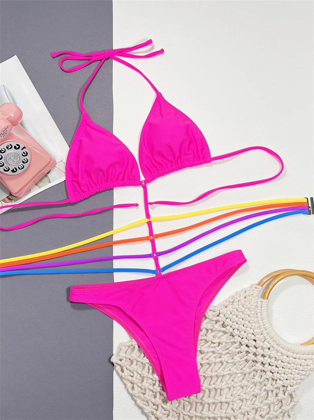 

Rainbow String Extreme Monokini Rose Red Bikini Backless Hollow Out Trikini High Leg Swimsuit Women Swimwear Beach Bathing Suits