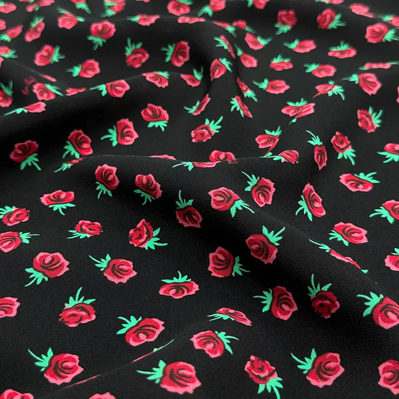 High Quality Rose Small Floral Silk Crepe De Chine Fabric Silkworm Silk Clothing Shirt Dress High-End Fabric