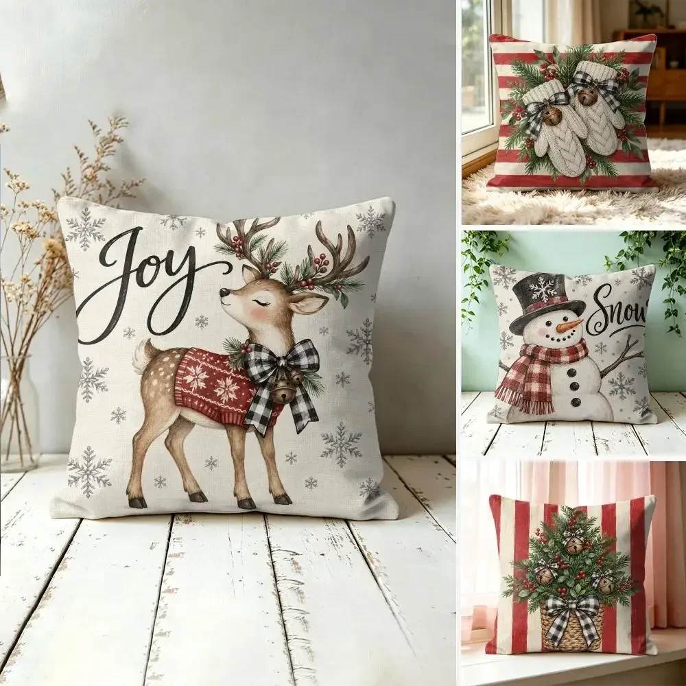 Christmas Winter Country Cushion Cover Silky Short Plush Invisible Zipper Dustproof Sofa Pillow Case For Home Decor