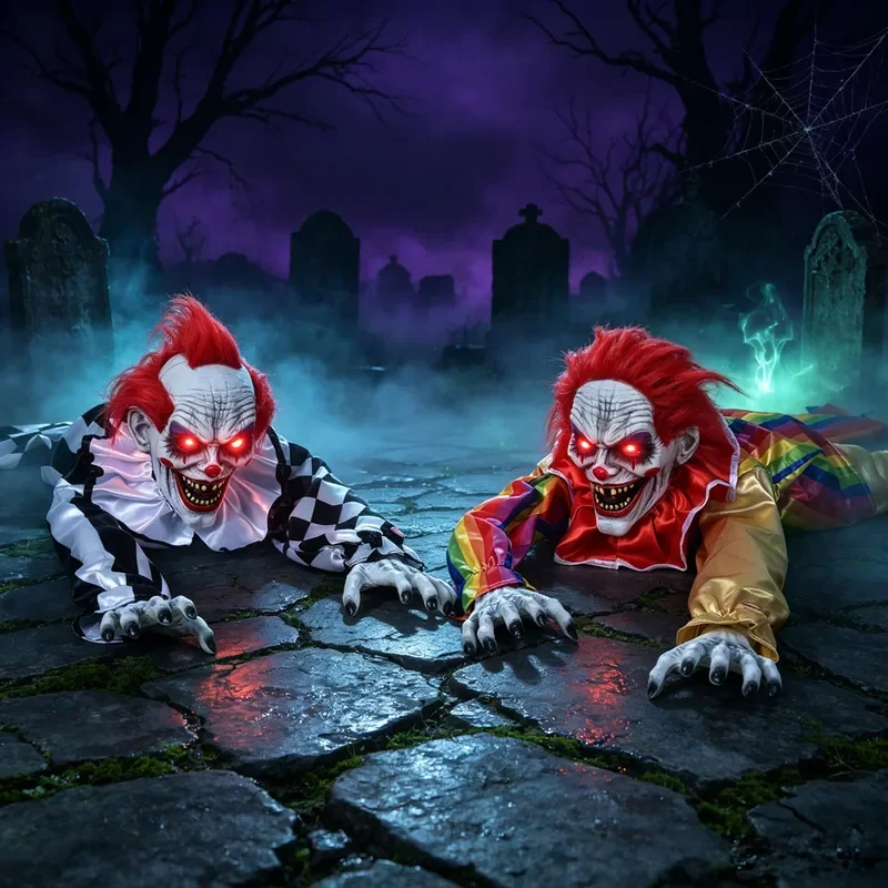 Electric Crawling Clown Toy Halloween Horror Prop Glowing Zombie Figure with Sound Effects for Haunted House Party Decoration