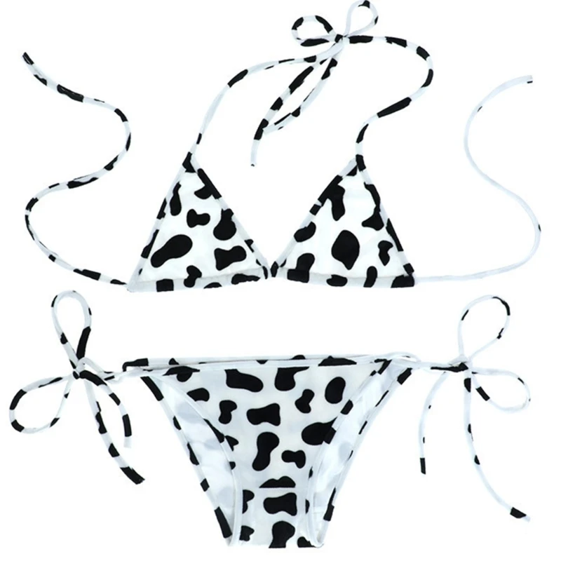 

Women Milk Cow Print Set Sexy Mini Halter Bras and Side Tie Panty Outfit