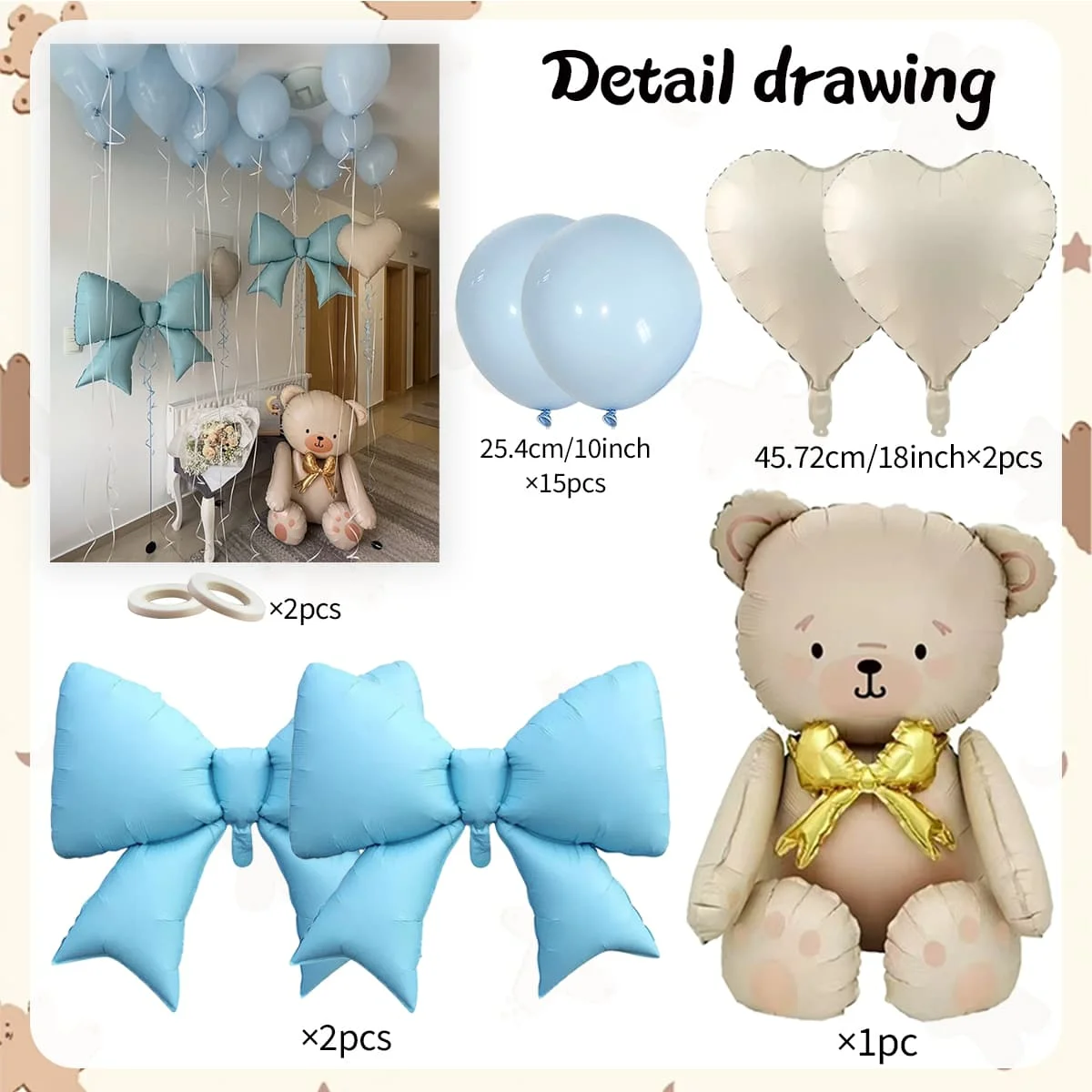 Blue Bow Balloon and Bear Balloon Set Blue Balloon for Shower, Baby Party, Birthday Party Decoration - view 5