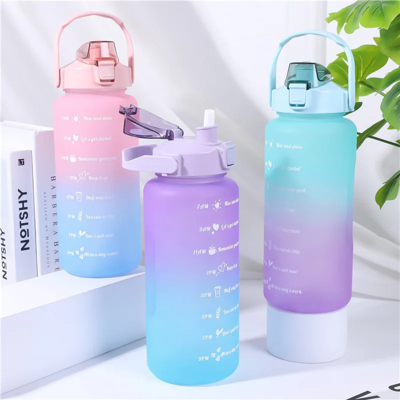 LUSQI 1PC Large Capacity 2000ML Water Bottle Leak-Proof With Straw&Handle With Time Marker For Outdoor Sports Fitness