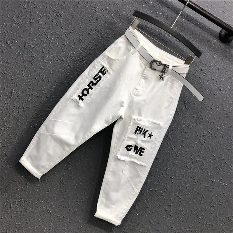 2024 Spring Summer New Korean Fashion Letter patch Harlan Female Jeans High Waist Nine Points Leisure White Women Cowboy Pants