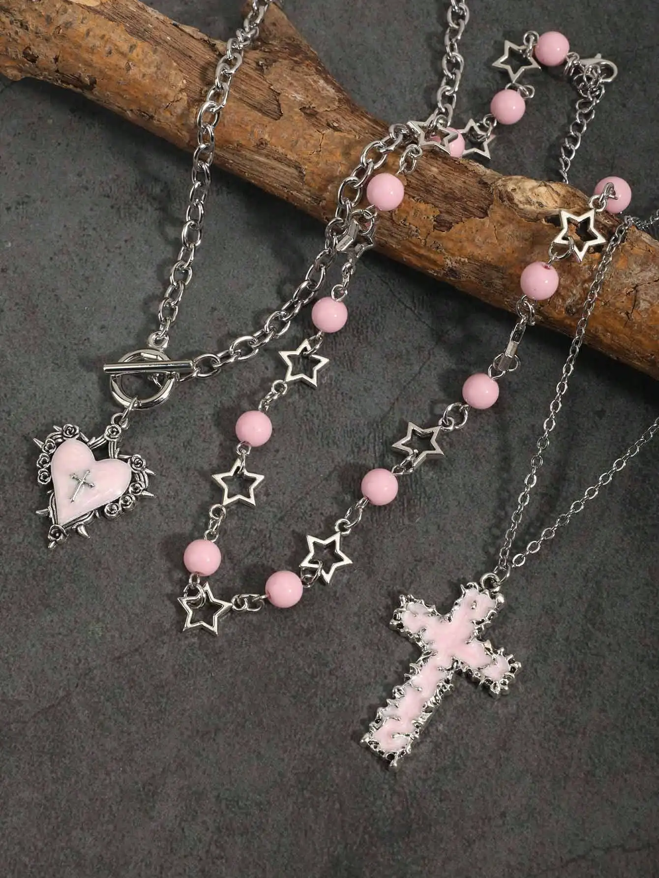 3pcs Vintage Gothic Style Thorn Rose Cross Meteor Star Beaded Layered Necklace Set, Including Retro Pentagram Pendant Choker Nec
