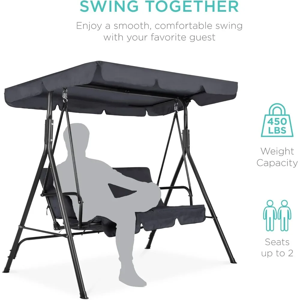 2-person outdoor terrace swing chair, hanging, backyard, with convertible canopy, adjustable curtains, detachable cushion