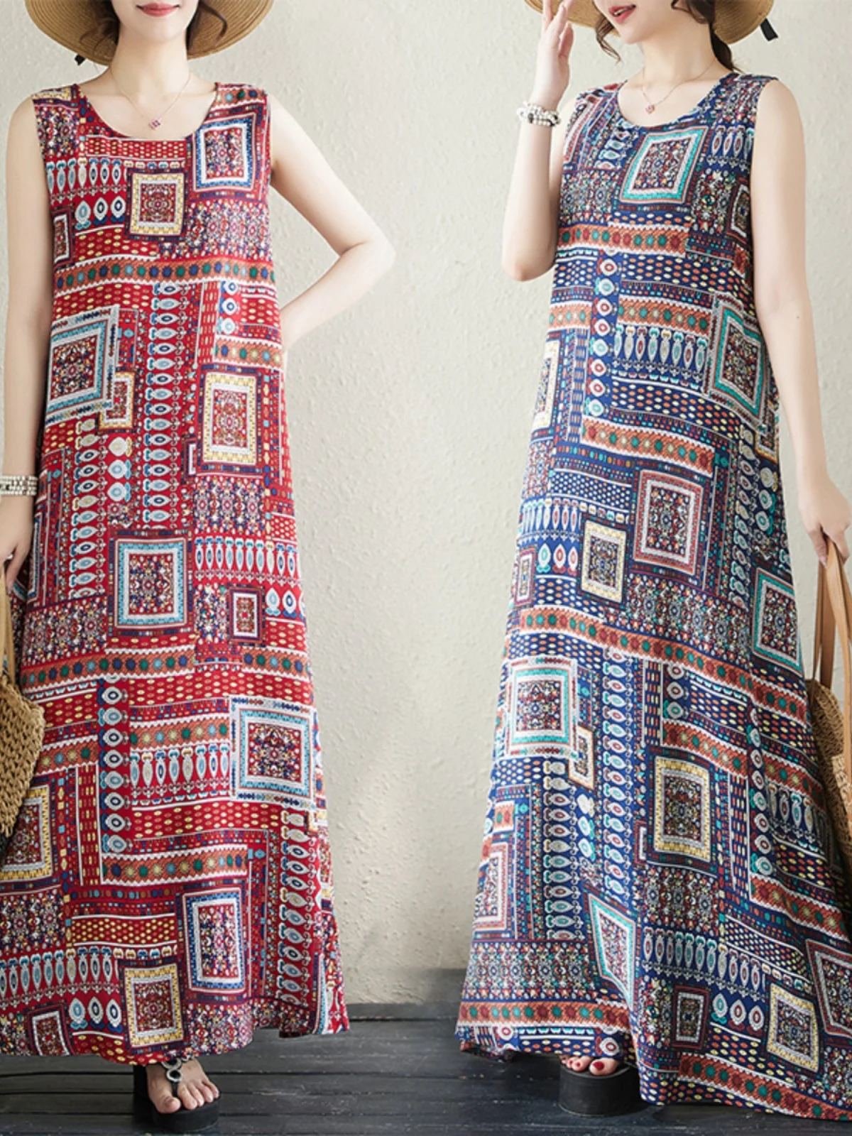 

Summer Svel Cotton Blend Gown with Silk Flower Loose Fit Thin Material round Ne Long Dr for Holiday Beach Wear