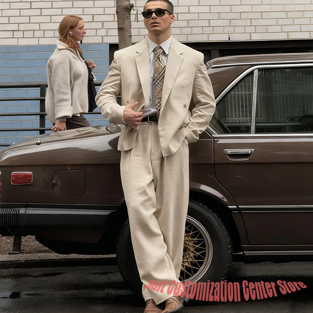 

Умный повседневный мужской бежевый свободный костюм из 2 предметов (куртка + брюки), двубортный пиджак с лацканами и вырезом, костюм для свадебной вечеринки в стиле ретро