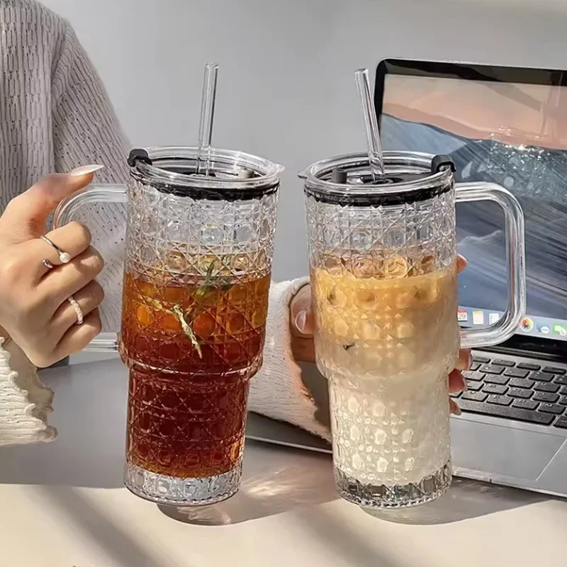 500ml Modern Glass Cup with Handle for Iced Coffee Cold/Hot Drinks - Stylish Coffee Mug Mason Jar for Smoothies Juice Coffee