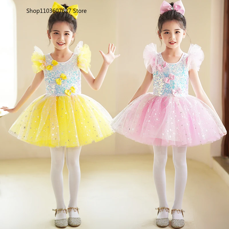 

Children's Latin dance dance costume Kindergarten cute pompadour dress costume Girl sequin gauze dress Princess dress