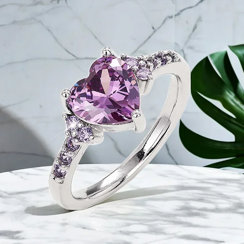 Charming Heart Purple Cubic Zirconia Rings for Women Romantic Wedding Ceremony Party Bridal Accessory New Trendy Jewelry