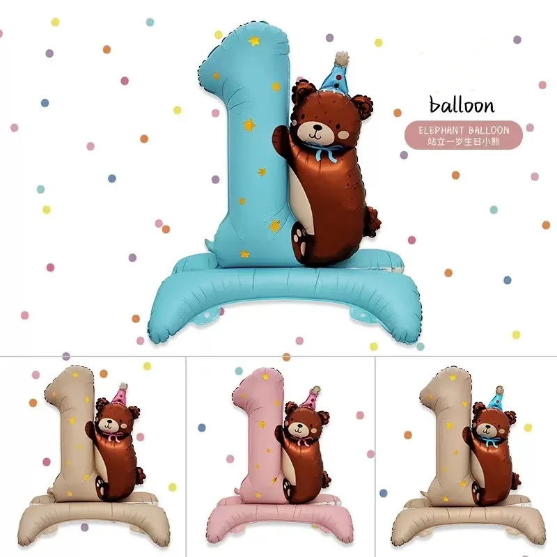 1. Geburtstag Bären-Ballon-Set Große Nummer 1 Bären-Folienballon mit Standfuß für Baby Mädchen Junge 1. Geburtstagsparty Dekoration – Detail 8