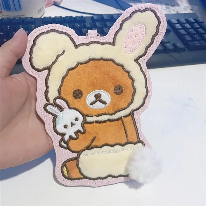 Rilakkuma ID Card Holder for Women Girl Embroidery Plush Leather Card Case Cover Cardholder Kawaii Cute Bag Keychain