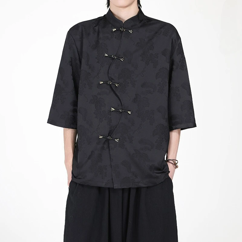 

Мужская рубашка с тиснением из ледяного шелка в китайском стиле, винтажная удобная дышащая рубашка с коротким рукавом, летняя модная повседневная одежда, свободная мужская рубашка
