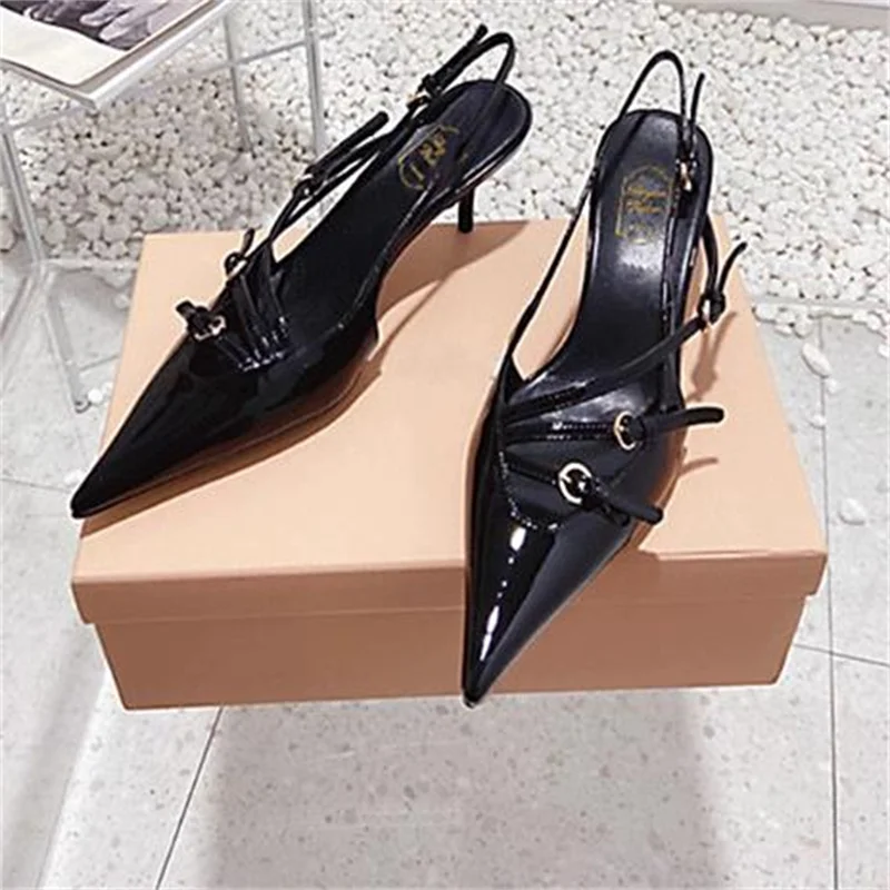 Buckle Metal Belt Women\'s Shoes Patent Leather Mid Heels Pointed Toe Sandals for Ladies Zapatos Mujer Back Strap Femme Sandalias