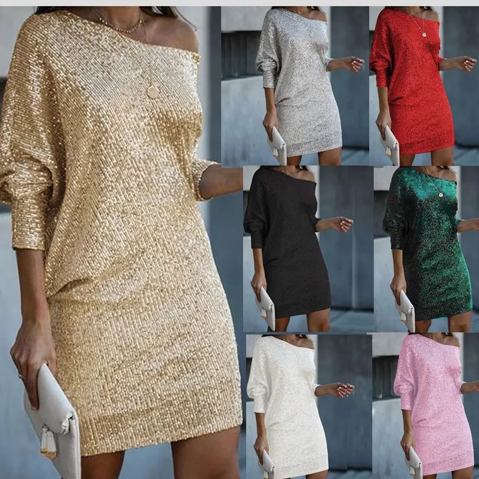 

Spring Summer 2025 New Cross-Border Women's Wi Midi Dr oulder Off-oulder Sequin Dr Ceremony Dr