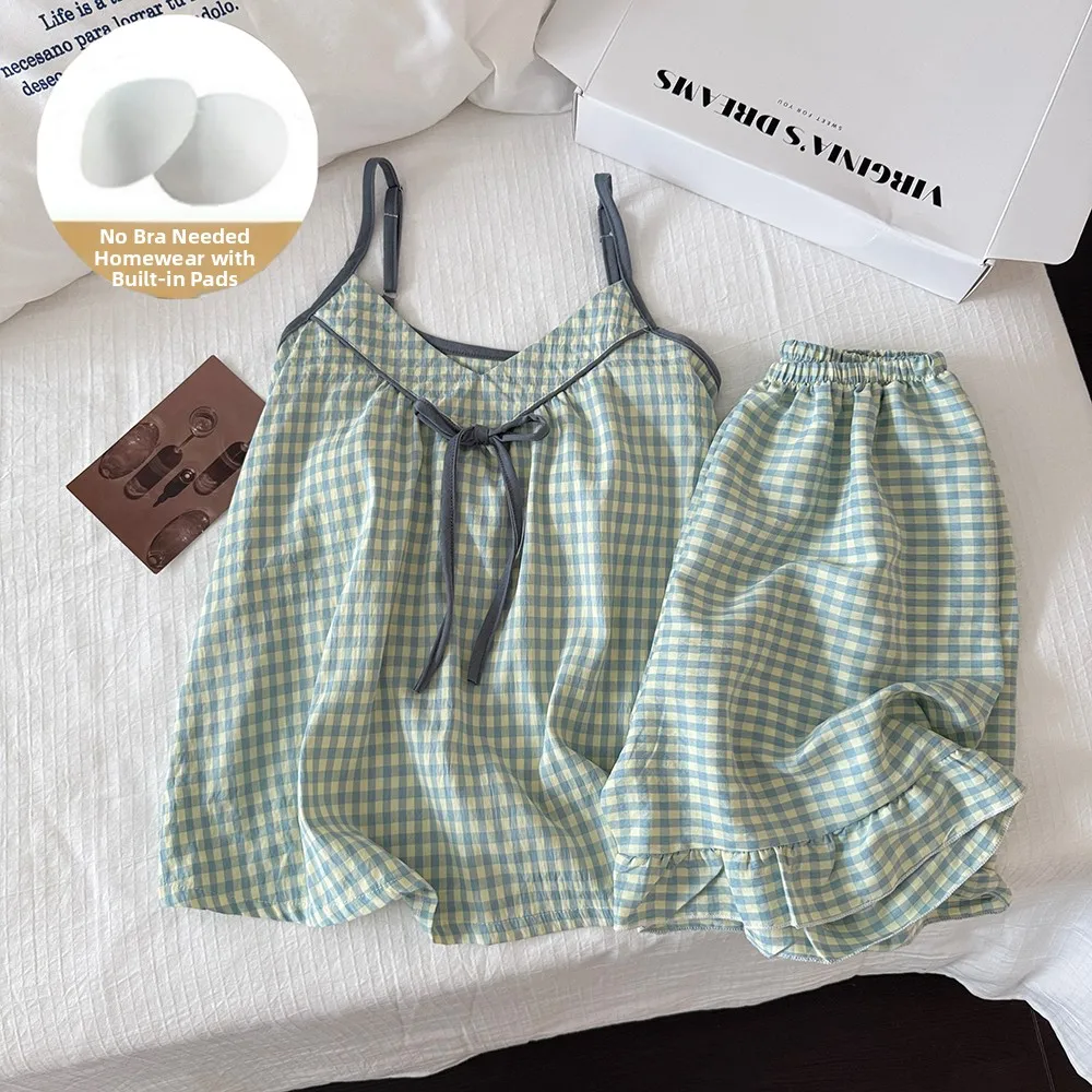 Women's Summer Sleepwear Strap Brown Floral Print Cloud Cotton Home Clothes with Chest Pad V-Neck Short Sleeve Loose Fit