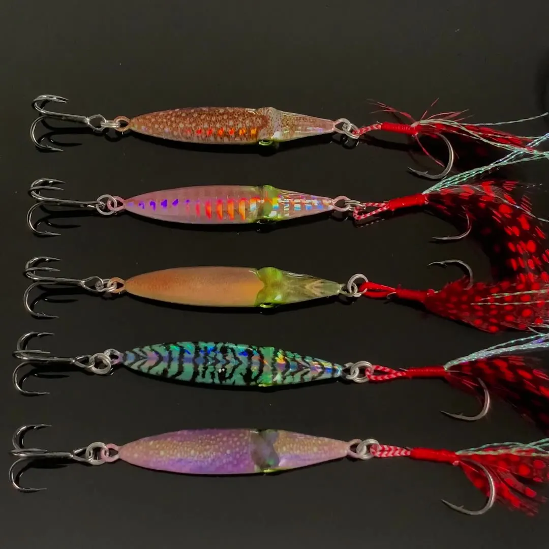 Señuelo de calamar metálico impreso en 3D con plumas para agua salada - imagen 2