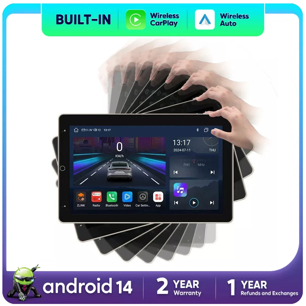 10.1 Inch Rotatable Universal Double 2 DIN Android 14 Car Radio GPS Navigation 2.5D QLED Screen Head Unit CarPlay DSP RDS